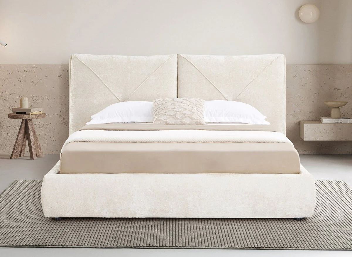 Lit coffre en tissu bouclette doux beige 180x200 cm NOAH - Image 3