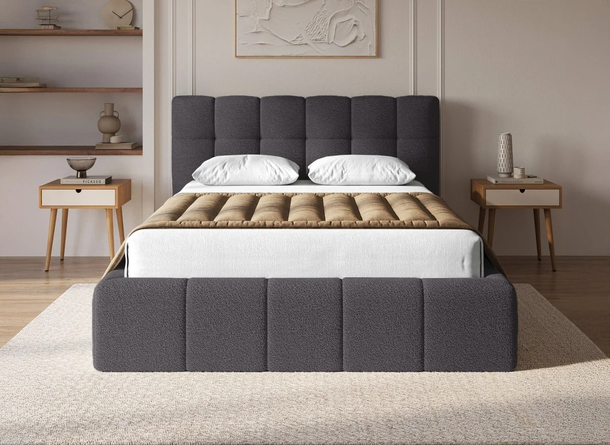 Lit coffre en tissu bouclette gris 140x190 cm MILIE - Image 3