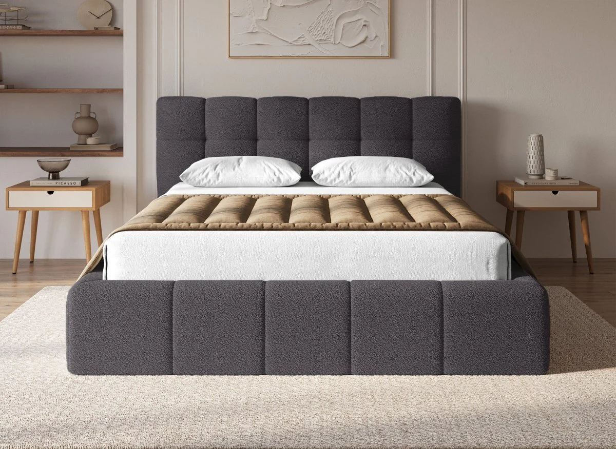 Lit coffre en tissu bouclette gris 160x200 cm MILIE - Image 3