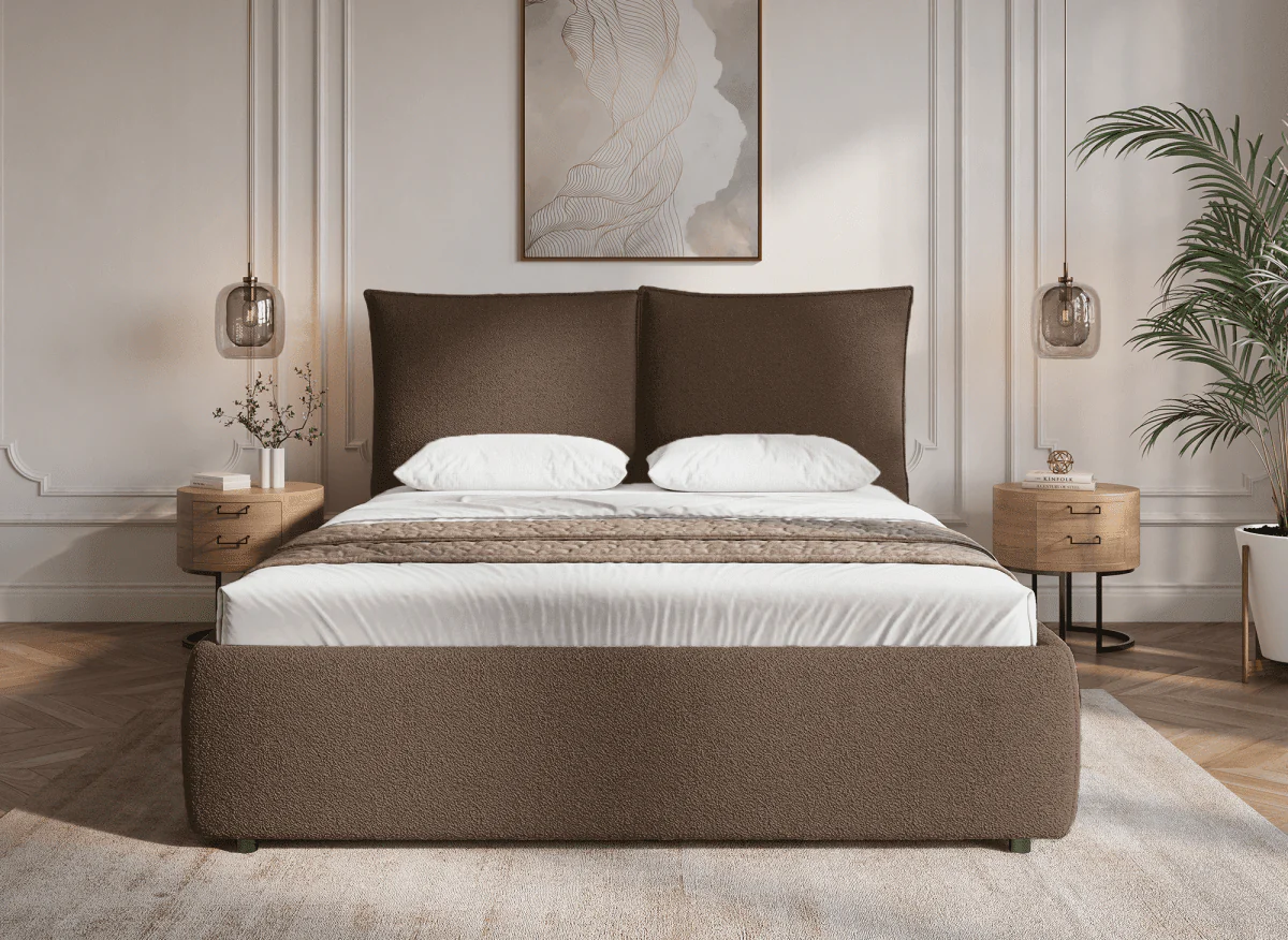 Lit coffre en tissu bouclette marron 160x200 cm MELY - Image 3