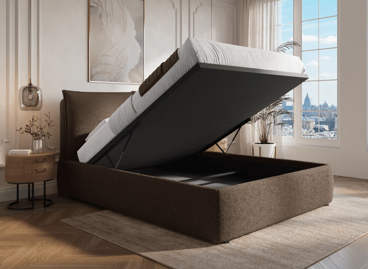 Lit coffre en tissu bouclette marron 180x200 cm MELY - Image 2