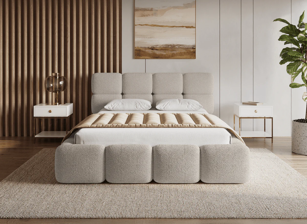 Lit coffre en tissu bouclette taupe 140x190 cm BUBBLE - Image 3