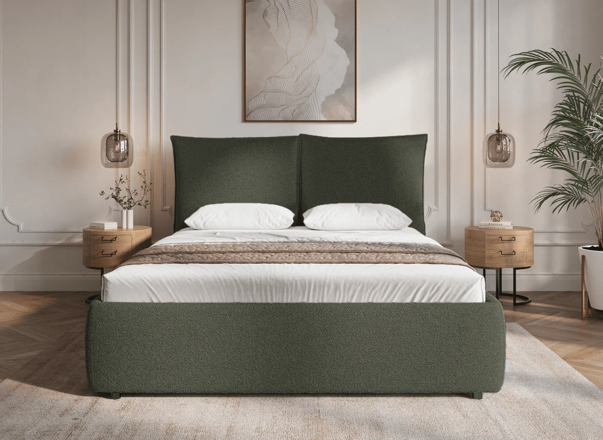 Lit coffre en tissu bouclette vert olive 140x190 cm MELY - Image 3