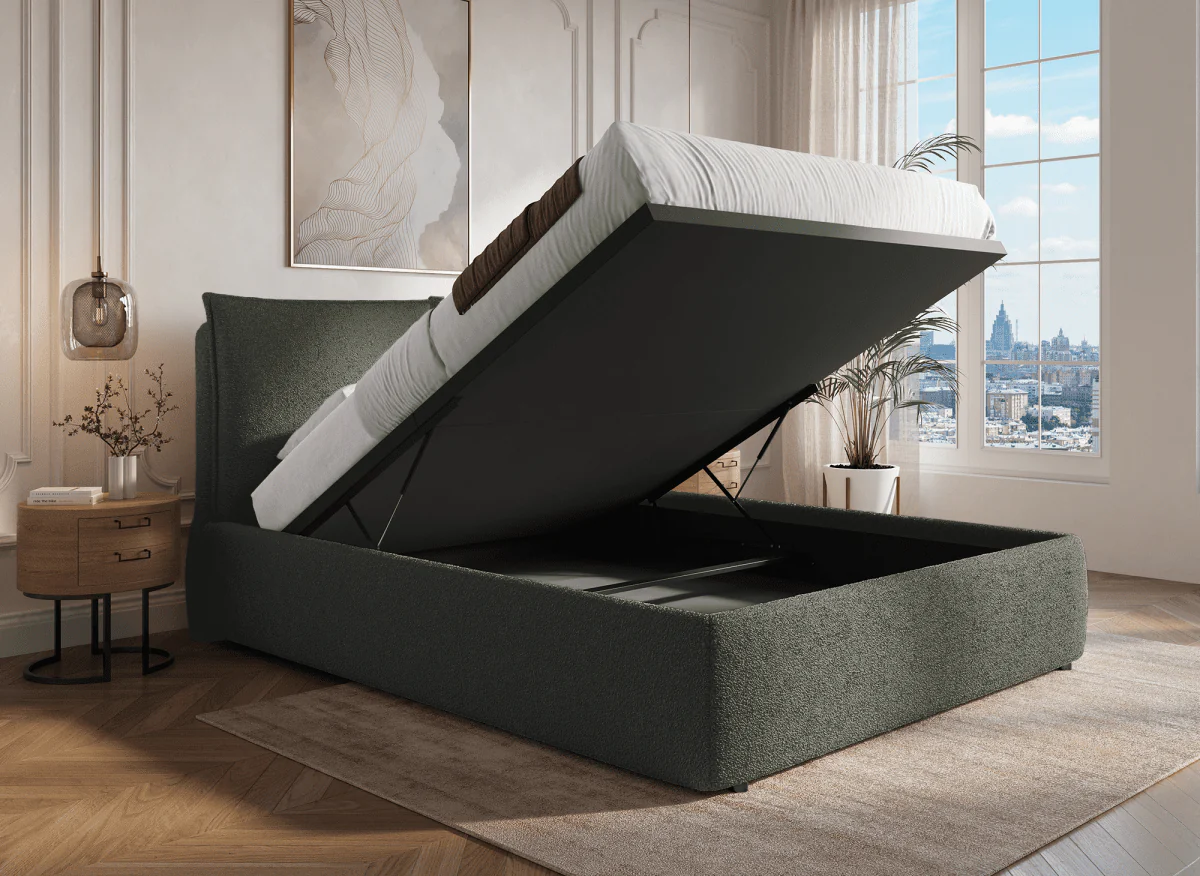 Lit coffre en tissu bouclette vert olive 180x200 cm MELY - Image 2