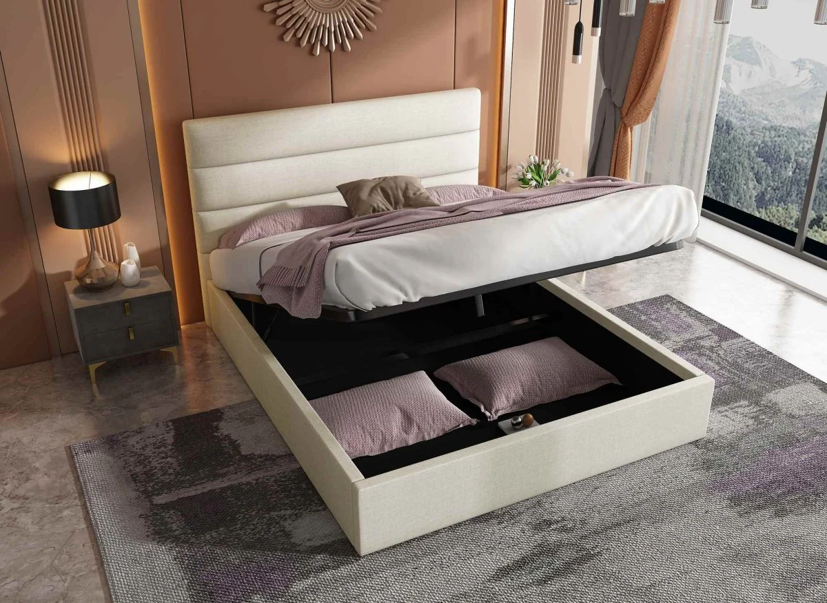 Lit coffre en tissu lin beige 140 x 190 cm SHANNA - Image 2
