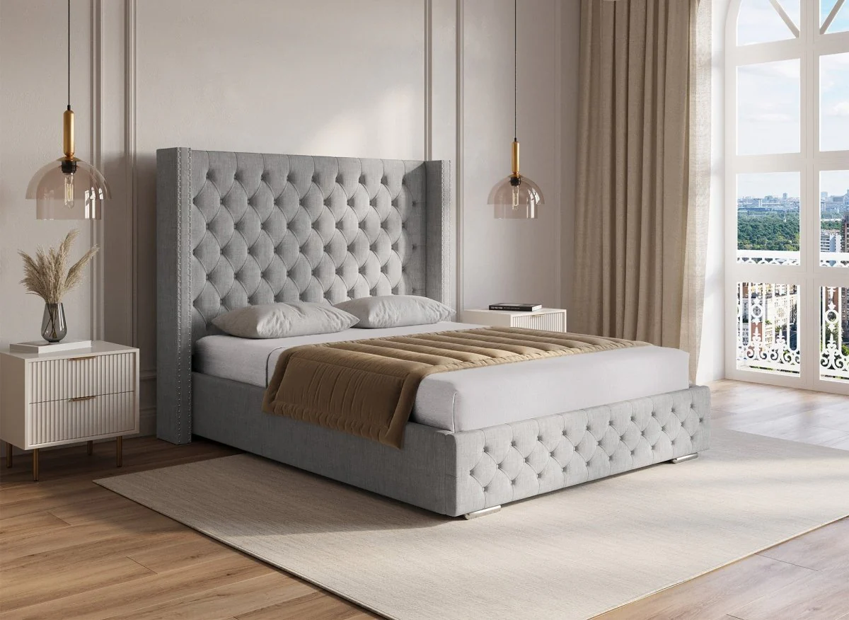 Lit coffre en tissu lin gris 180x200 cm MAXI