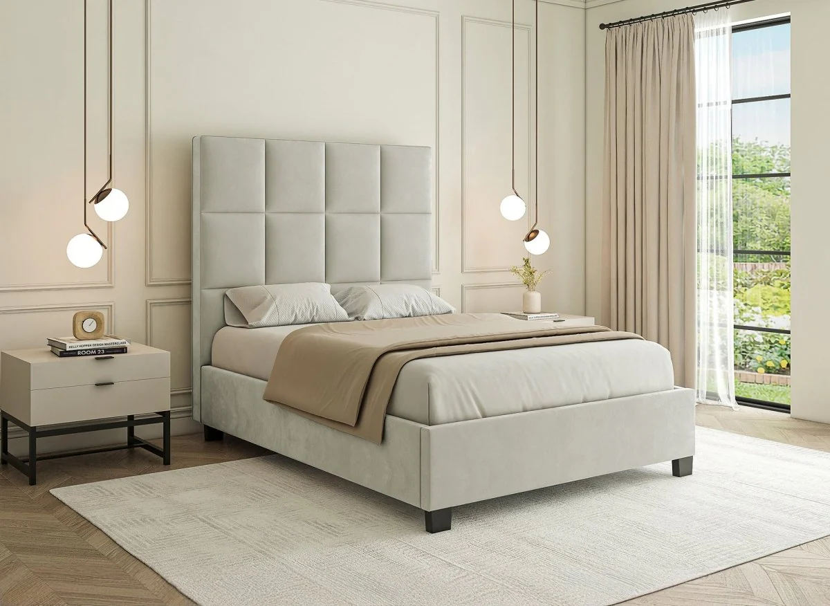 Lit coffre en velours beige design CAROLINE 140 x 190 cm