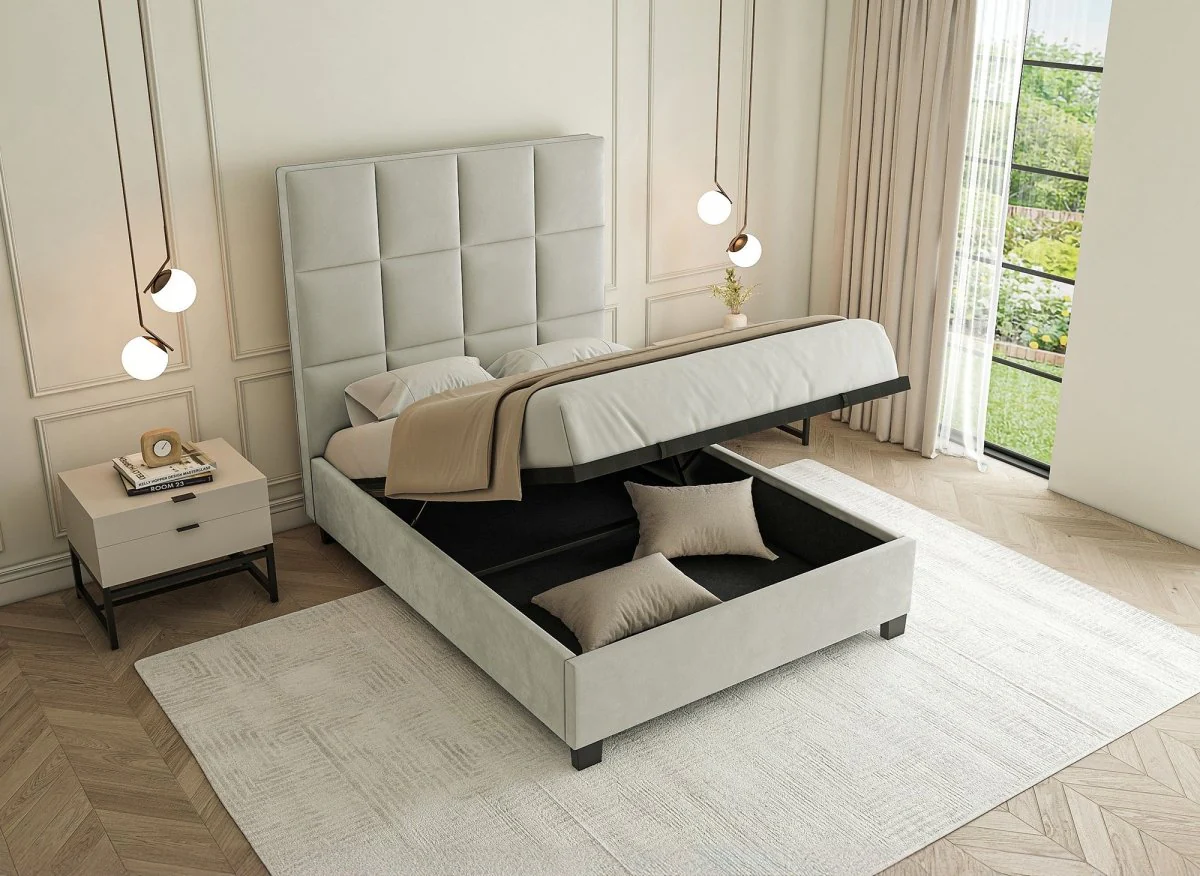 Lit coffre en velours beige design CAROLINE 140 x 190 cm - Image 2