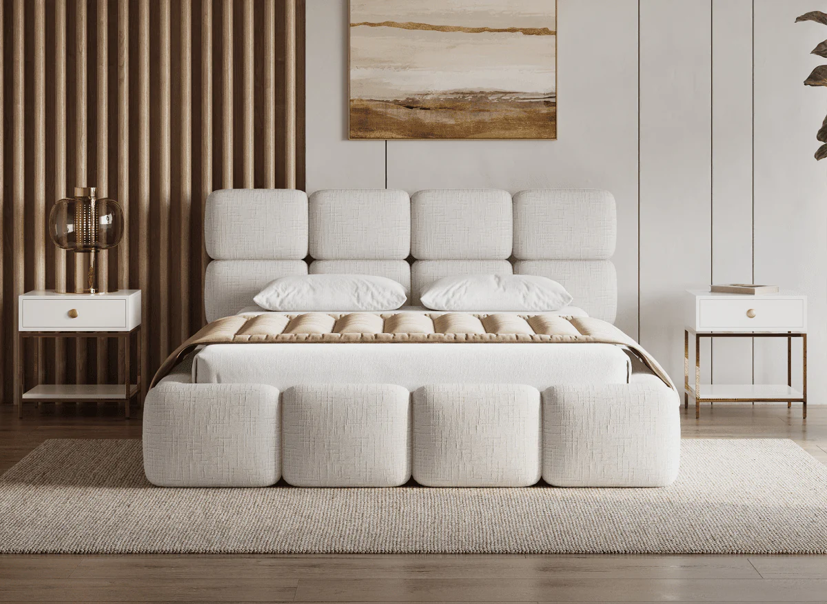 Lit coffre en velours chiné beige 140x190 cm BUBBLE - Image 3