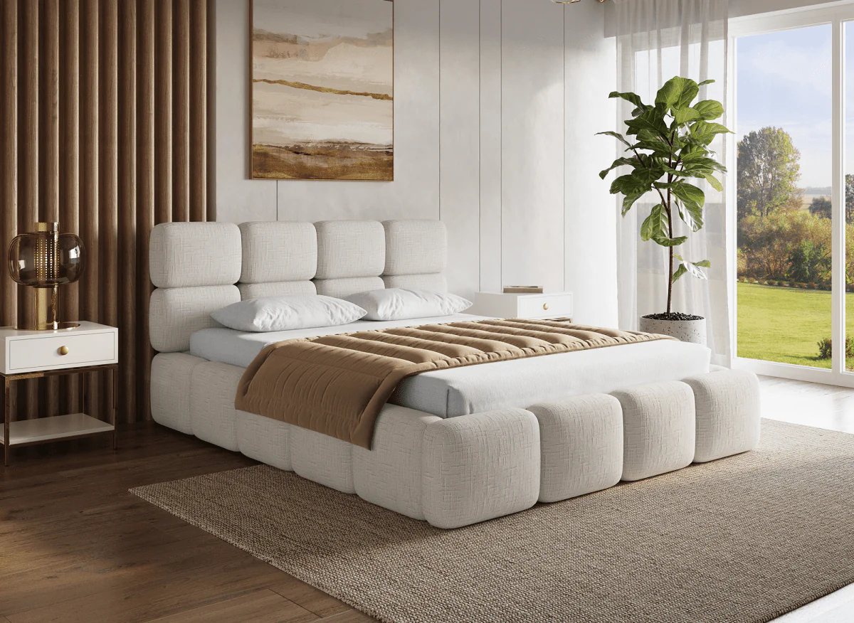 Lit coffre en velours chiné beige 160x200 cm BUBBLE