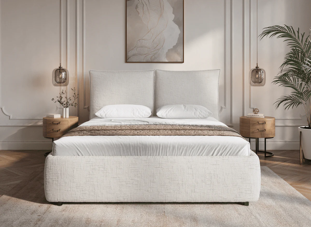 Lit coffre en velours chiné beige 160x200 cm MELY - Image 3