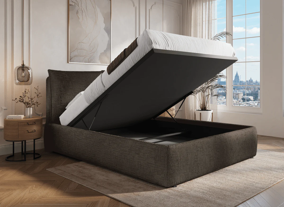Lit coffre en velours chiné marron 180x200 cm MELY - Image 2