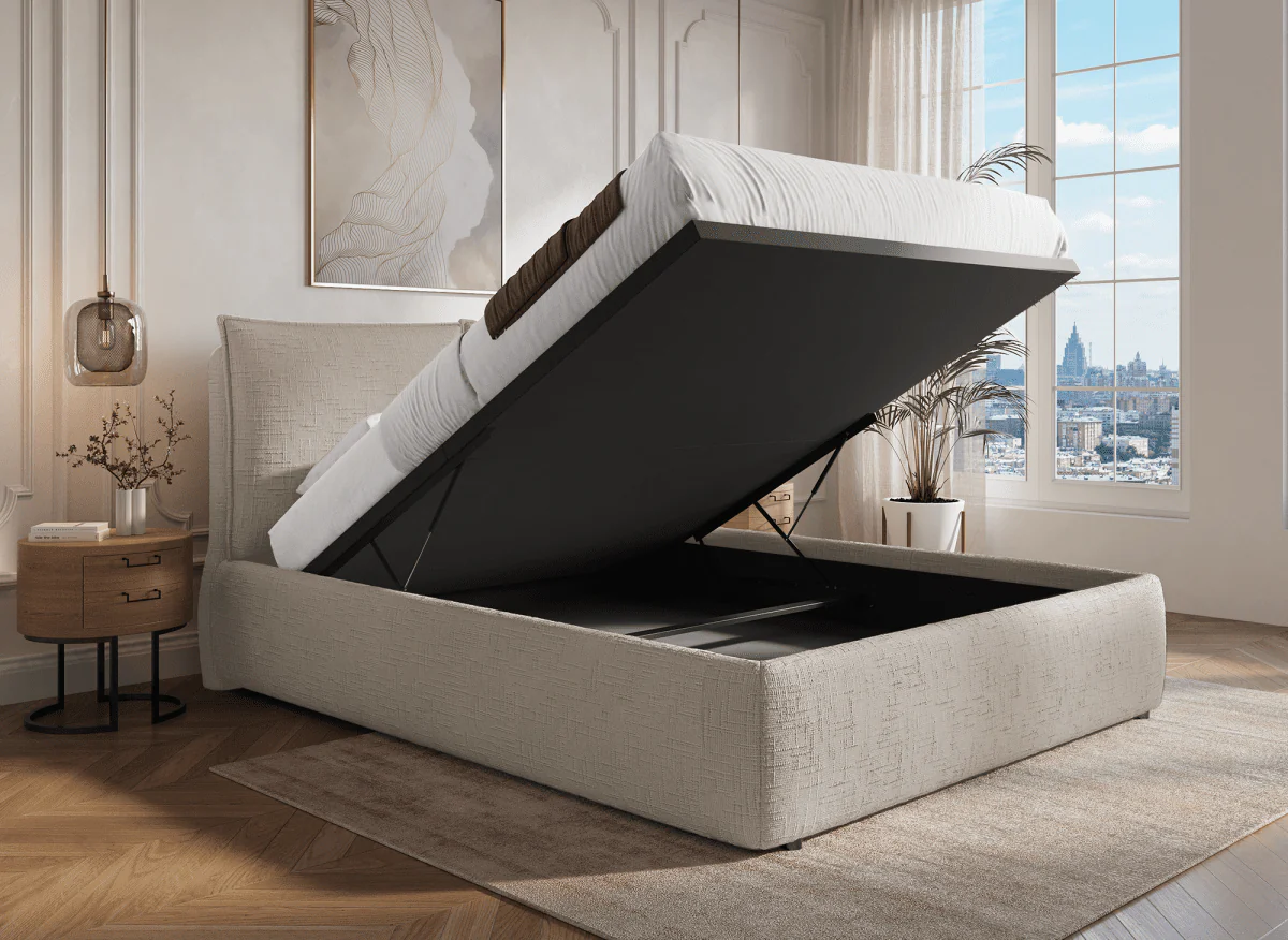 Lit coffre en velours chiné taupe 160x200 cm MELY - Image 2