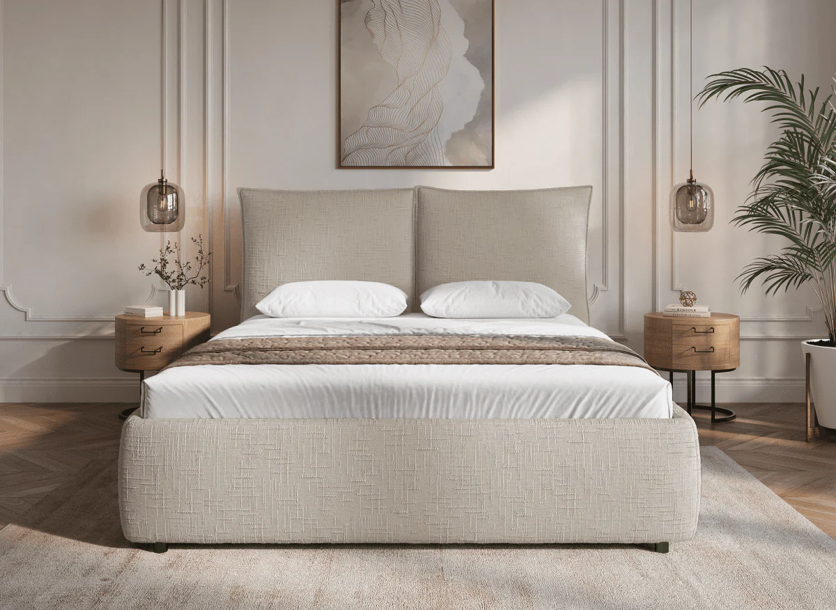 Lit coffre en velours chiné taupe 160x200 cm MELY - Image 3