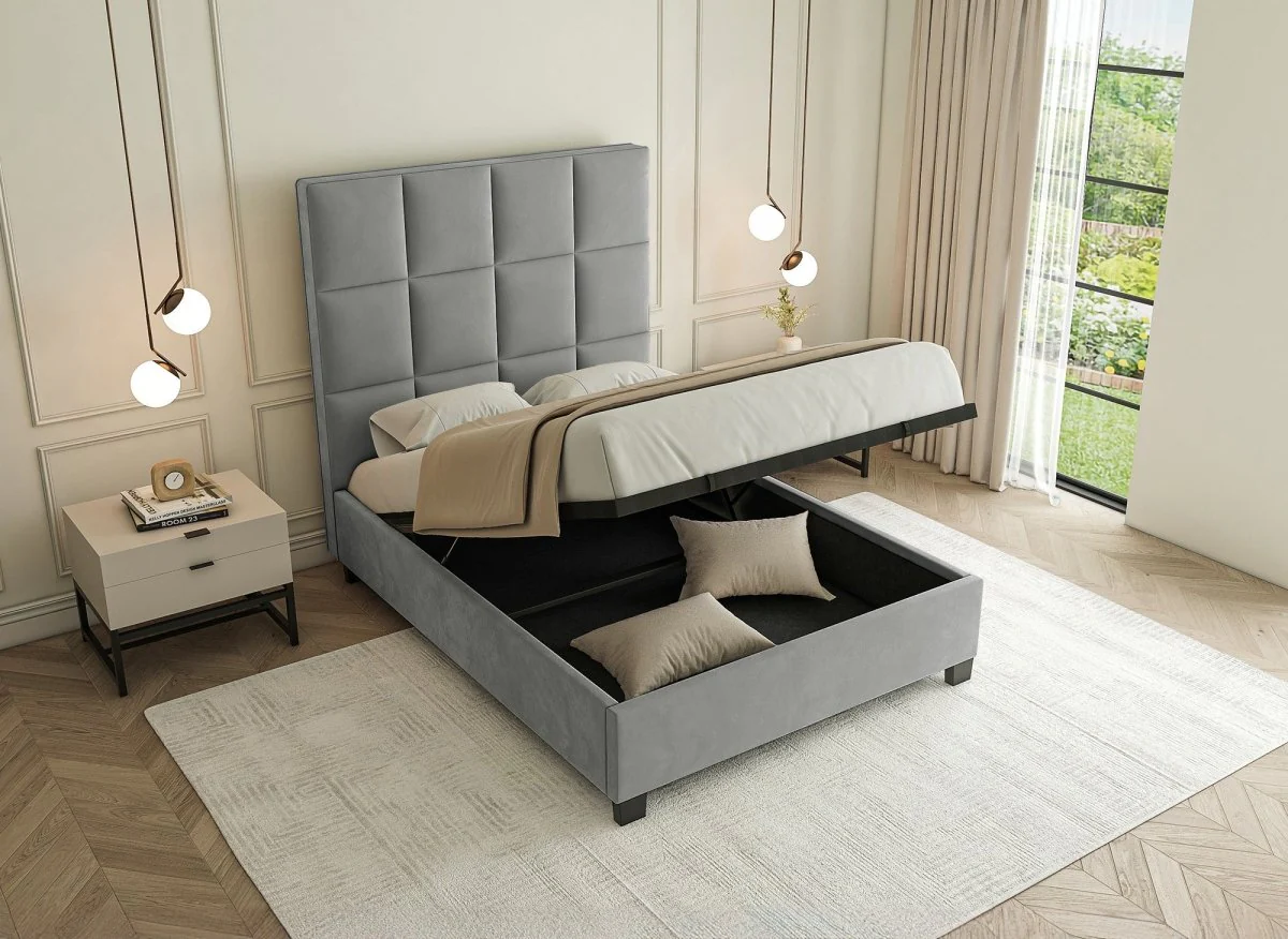 Lit coffre en velours gris design CAROLINE 140 x 190 cm - Image 2