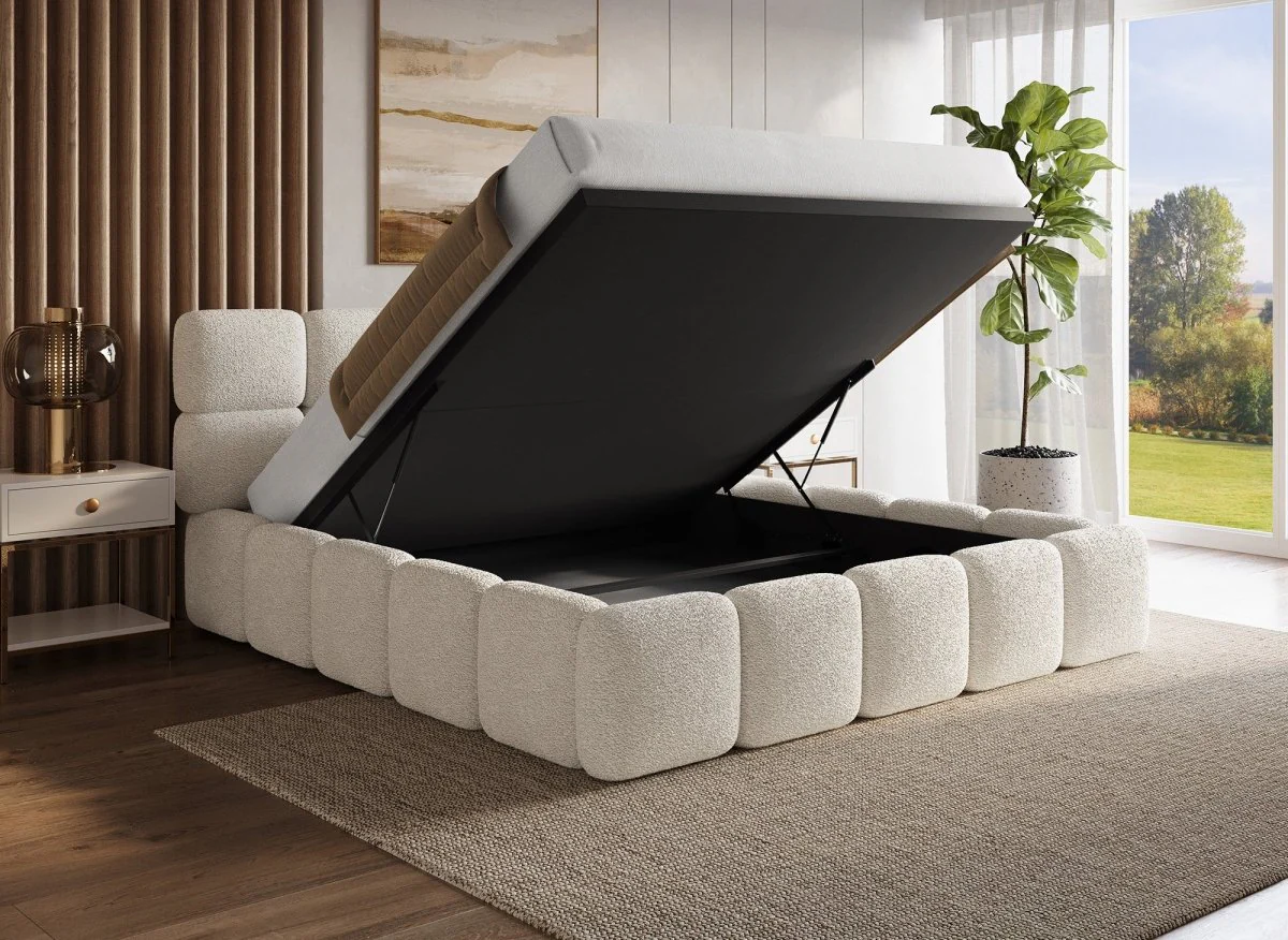 Lit coffre tissu bouclette beige 180x200 cm BUBBLE - Image 2