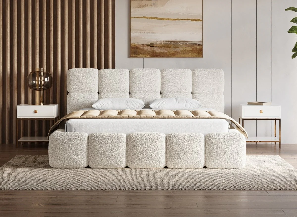 Lit coffre tissu bouclette beige 180x200 cm BUBBLE - Image 3