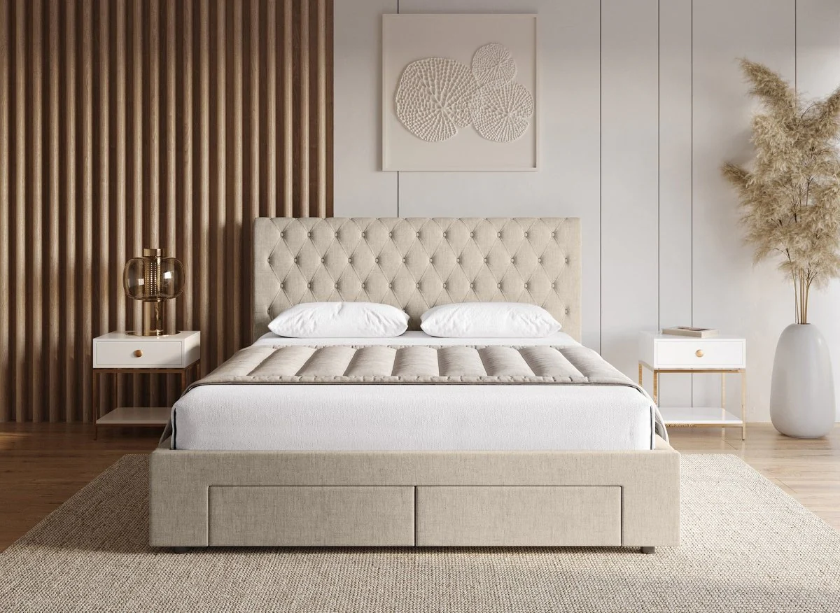 Lit double avec 4 tiroirs en lin beige 140x190 cm LEANDRE - Image 3