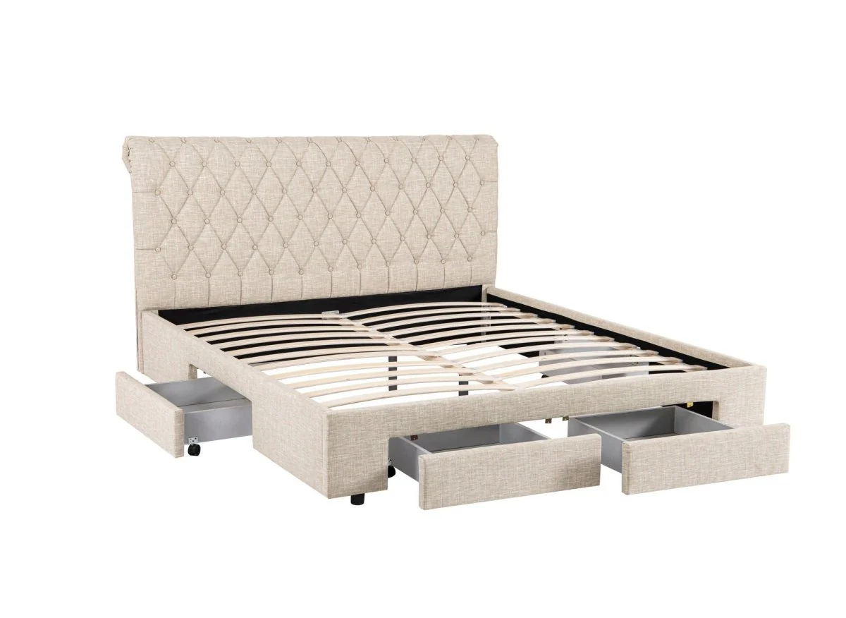 Lit double avec 4 tiroirs en lin beige 140x190 cm LEANDRE - Image 4