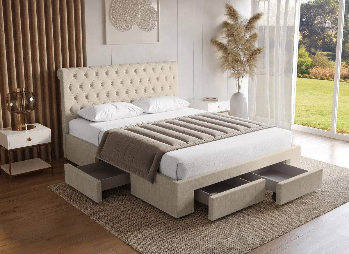 Lit double avec 4 tiroirs en lin beige 160x200 cm LEANDRE - Image 2