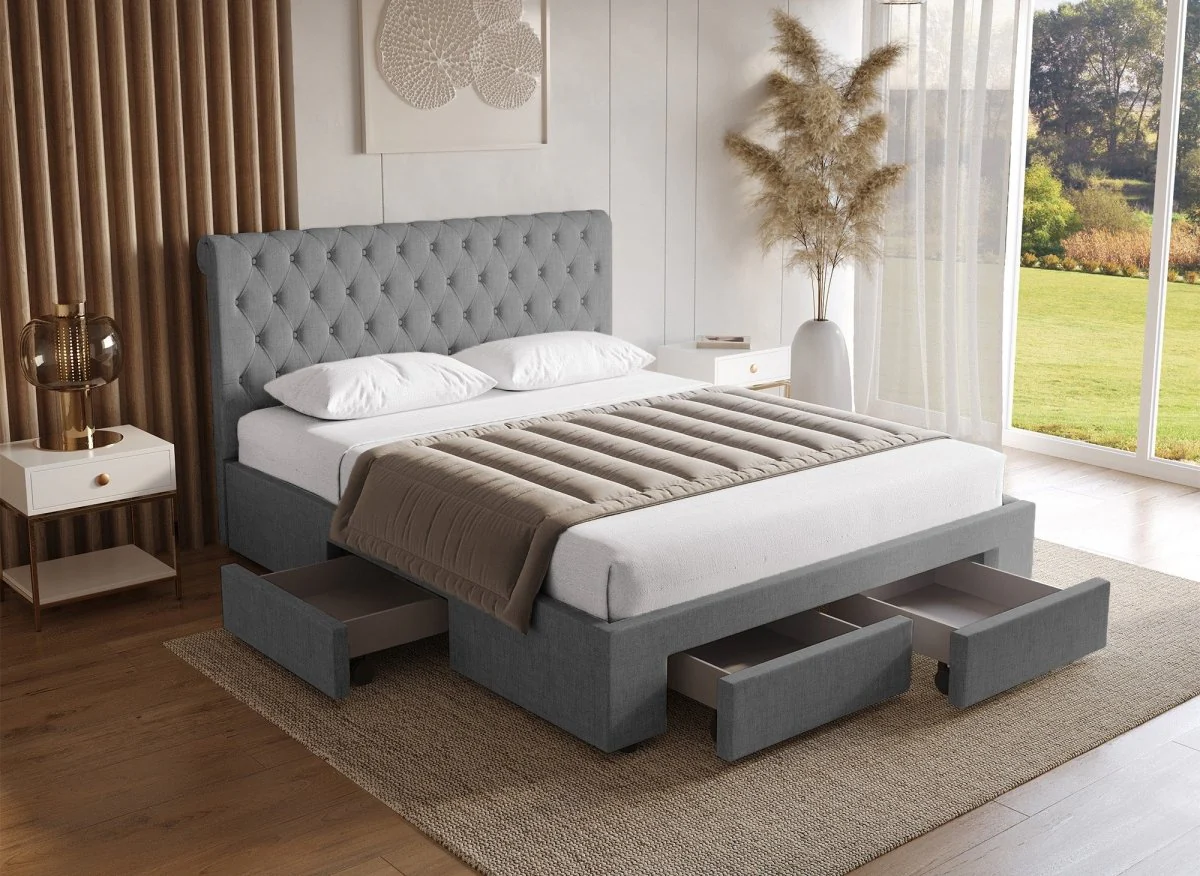 Lit double avec 4 tiroirs en lin gris 140x190 cm LEANDRE - Image 2