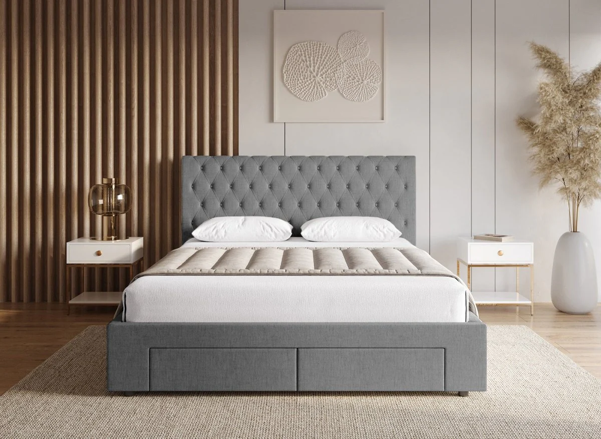 Lit double avec 4 tiroirs en lin gris 140x190 cm LEANDRE - Image 3