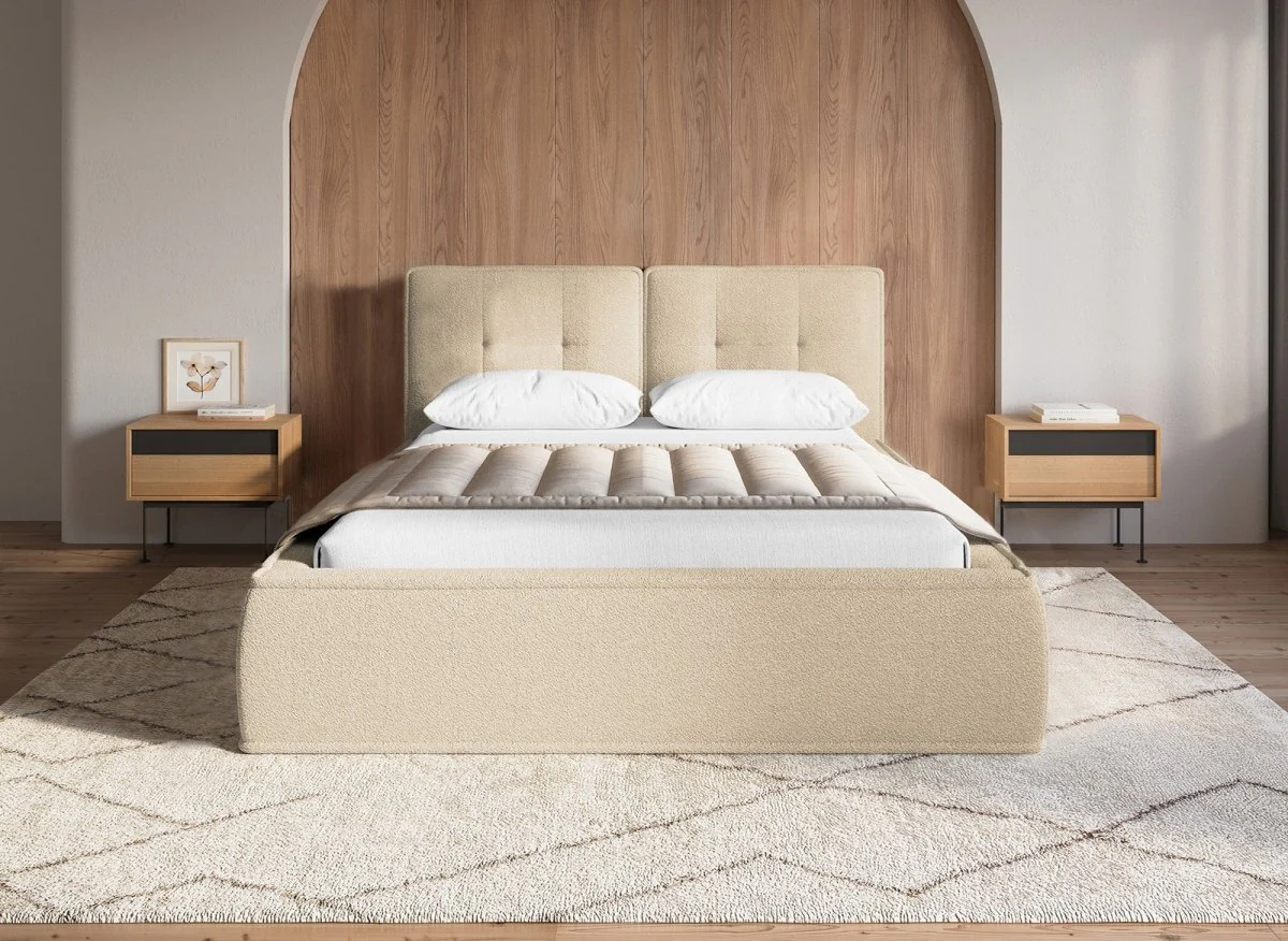 Lit double en tissu bouclette beige 140x190 cm YUNA - Image 2