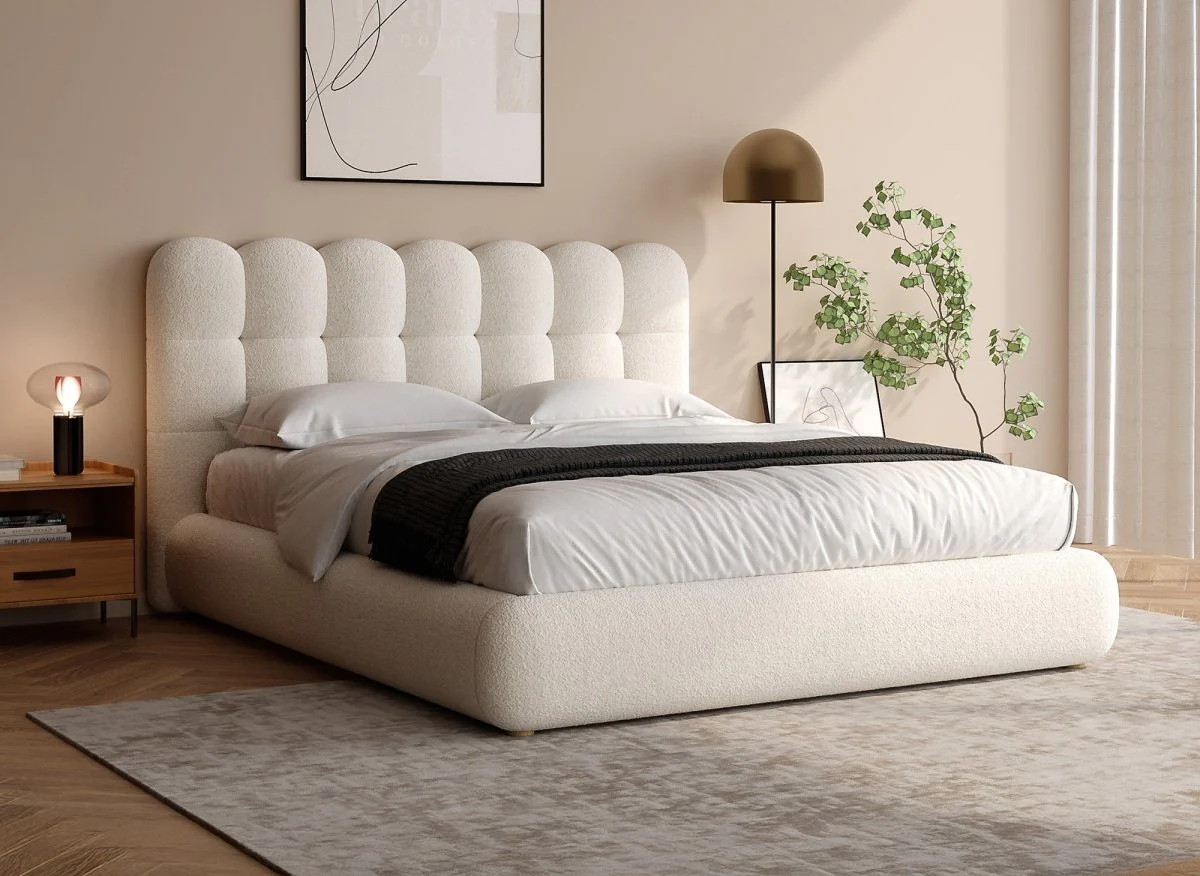 Lit double en tissu bouclette beige 160x200cm BISCUIT