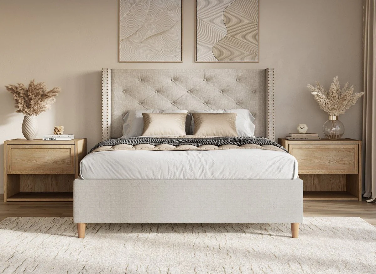 Lit double en tissu capitonné beige 160x200 cm MARGOT - Image 2