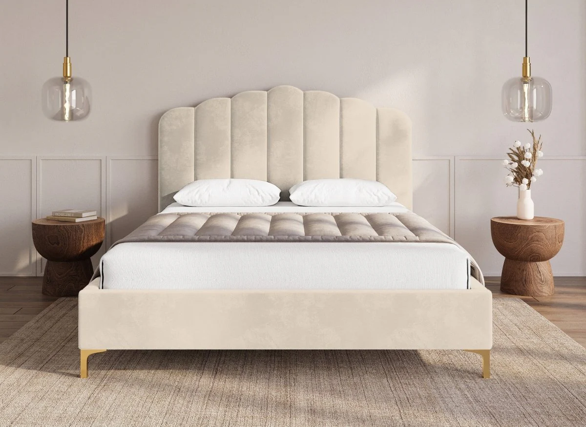 Lit double en velours beige 140x190 cm MARION - Image 2