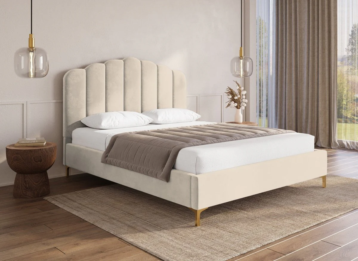 Lit double en velours beige 160x200 cm MARION