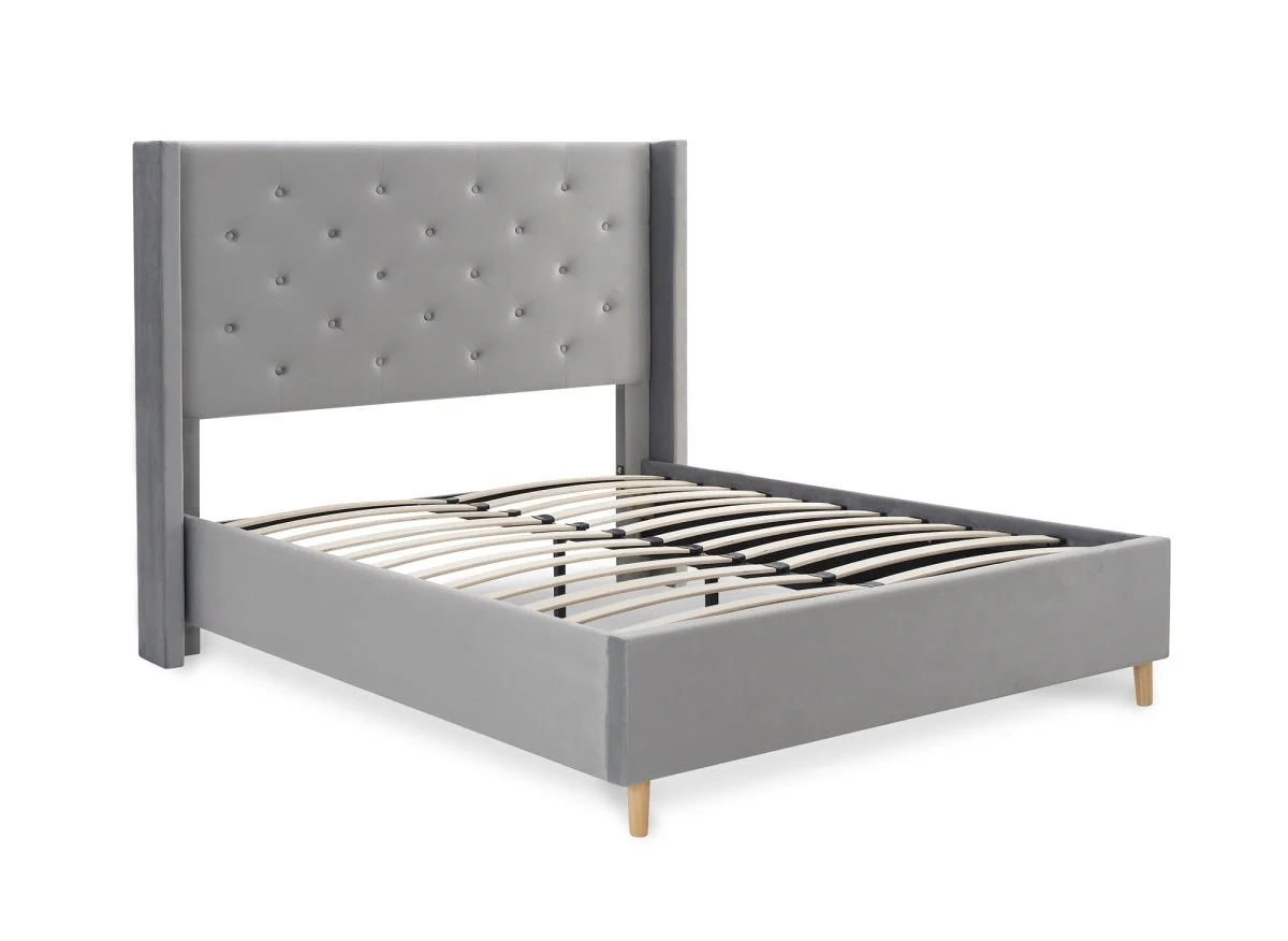 Lit double en velours capitonné gris MAREVA 140x190 cm - Image 3