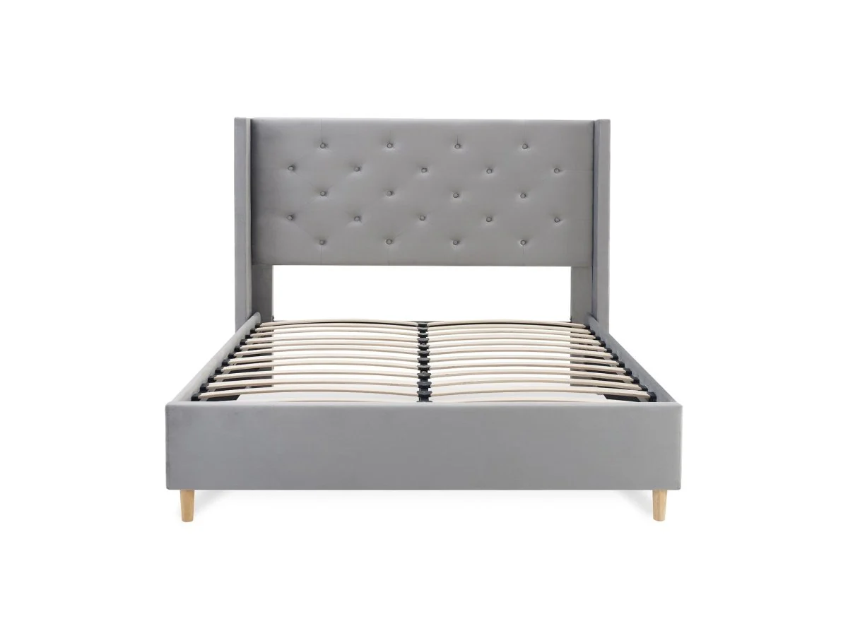 Lit double en velours capitonné gris MAREVA 140x190 cm - Image 4