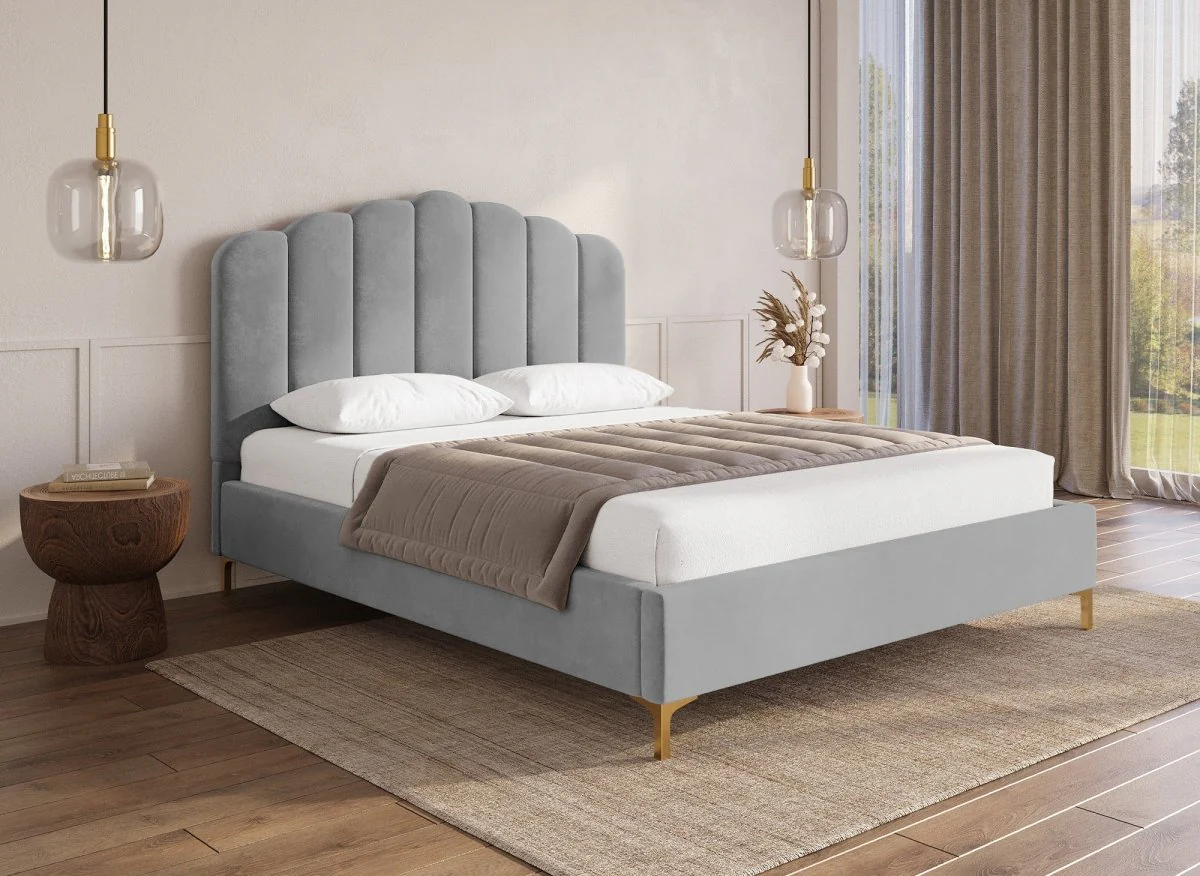 Lit double en velours gris 140x190 cm MARION