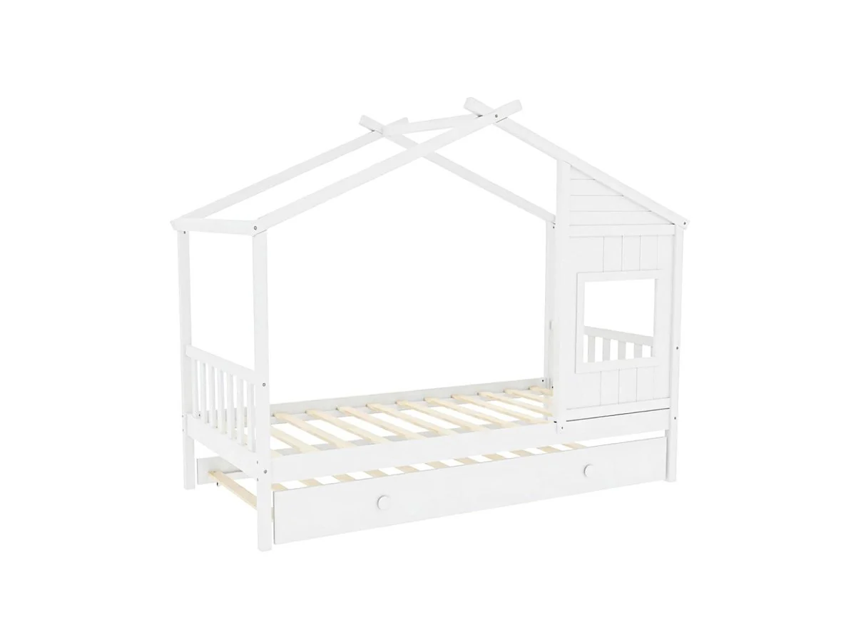 Lit gigogne cabane en bois blanc 90 x 190 cm MILIO - Image 3