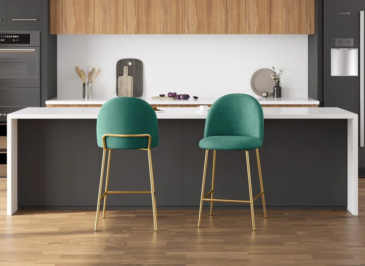 Lot de 2 tabourets de bar design en velours vert ARABEL - Image 2
