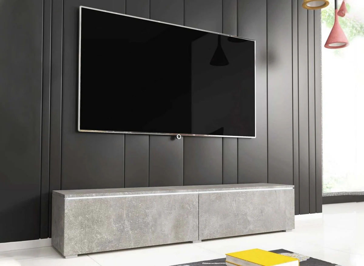 Meuble TV contemporain gris béton avec LED 2 portes MALORIE - 180 cm - Image 3