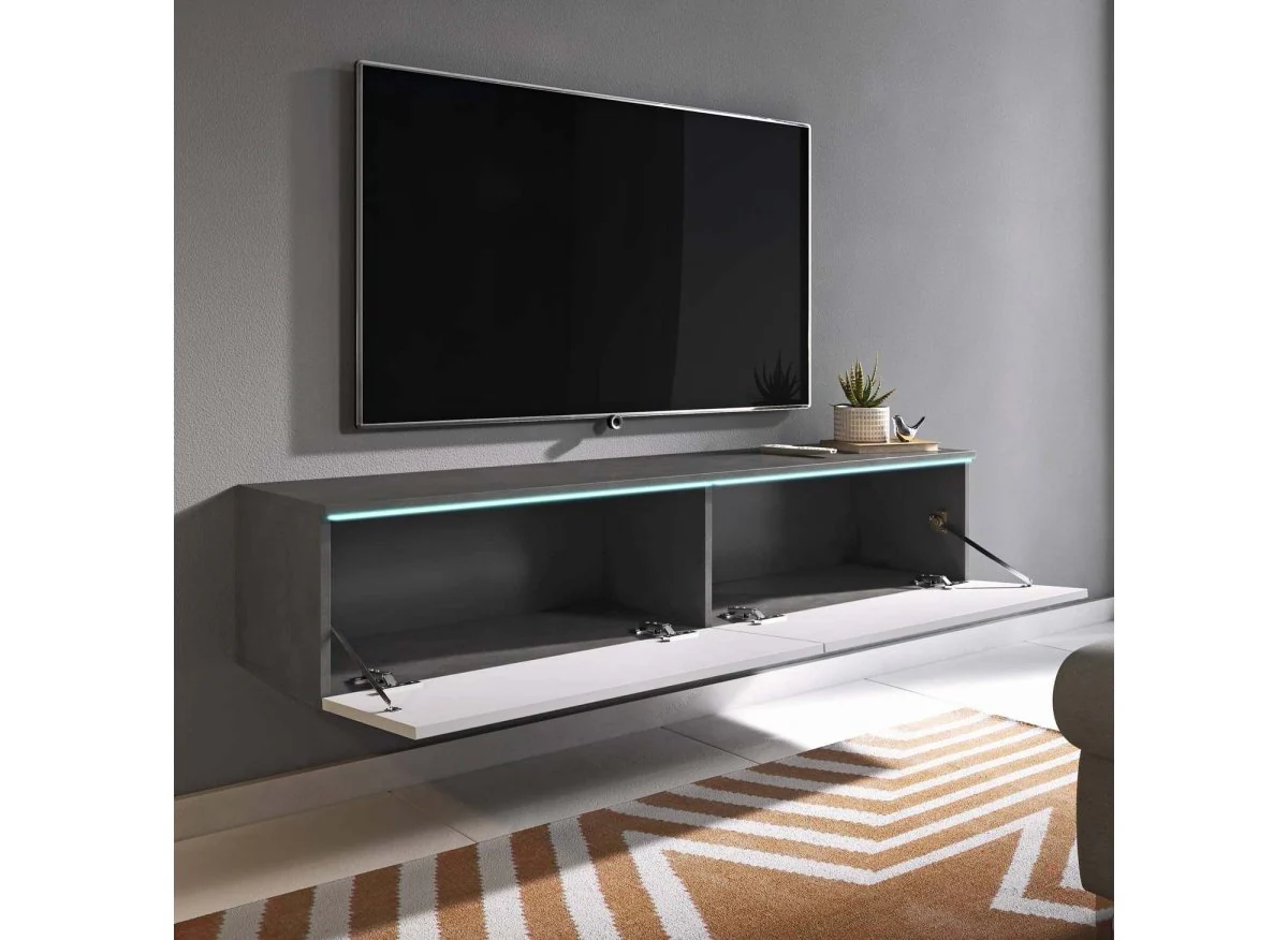 Meuble TV contemporain gris et blanc avec LED 2 portes MALORIE - 180 cm - Image 2