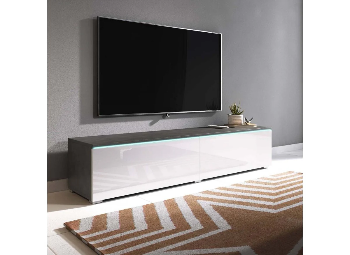 Meuble TV contemporain gris et blanc avec LED 2 portes MALORIE - 180 cm - Image 3