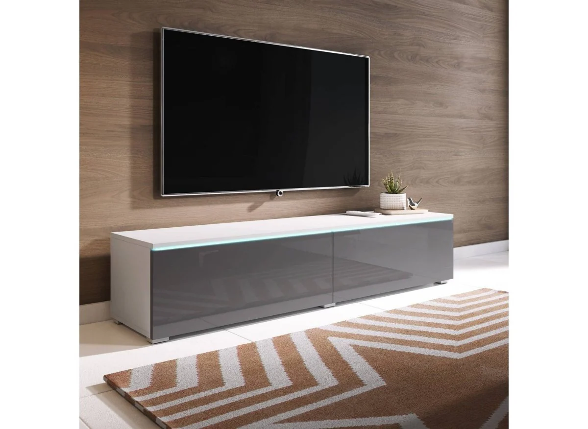 Meuble TV contemporain laqué gris et blanc avec LED 2 portes MALORIE - 180 cm - Image 3