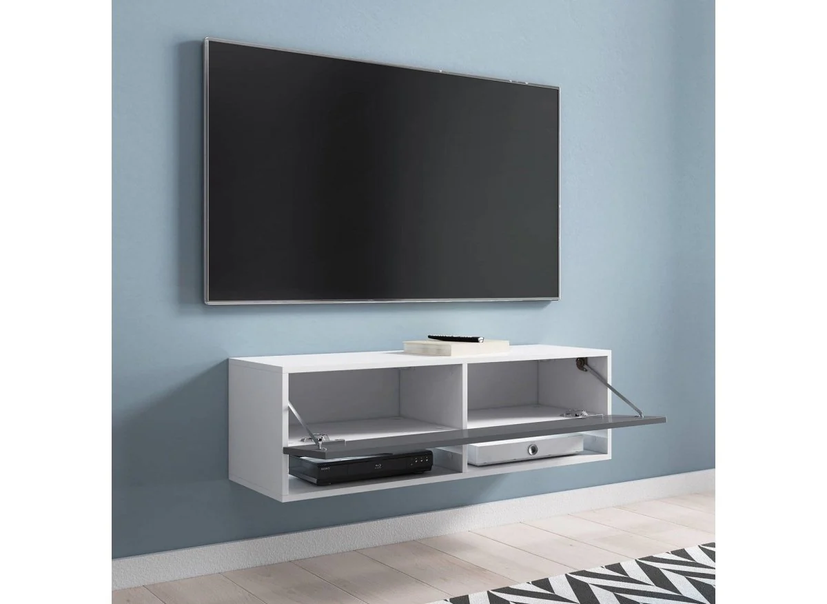 Meuble TV suspendu 1 porte 2 niches blanc et gris ROMANE - 100 cm - Image 2