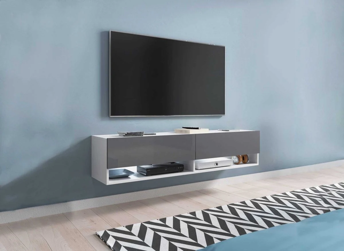 Meuble TV suspendu 2 portes 2 niches blanc et gris ROMANE XXL - 180 cm