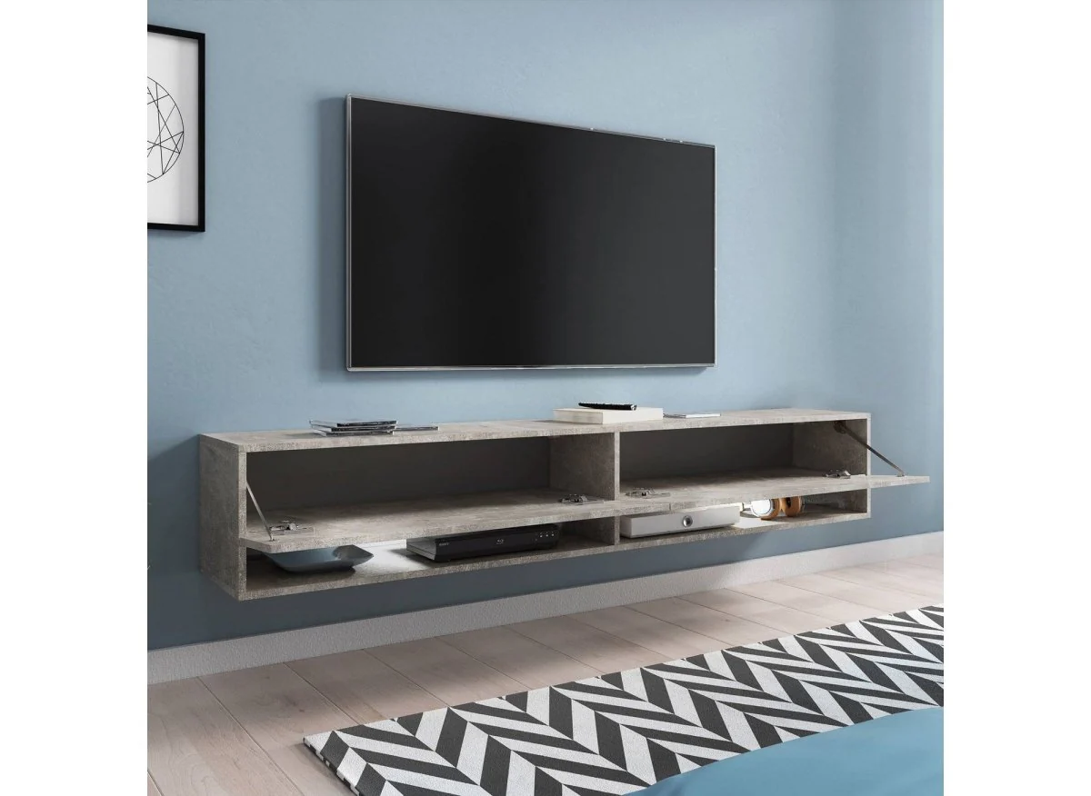Meuble TV suspendu 2 portes 2 niches gris béton ROMANE XXL - 180 cm - Image 2