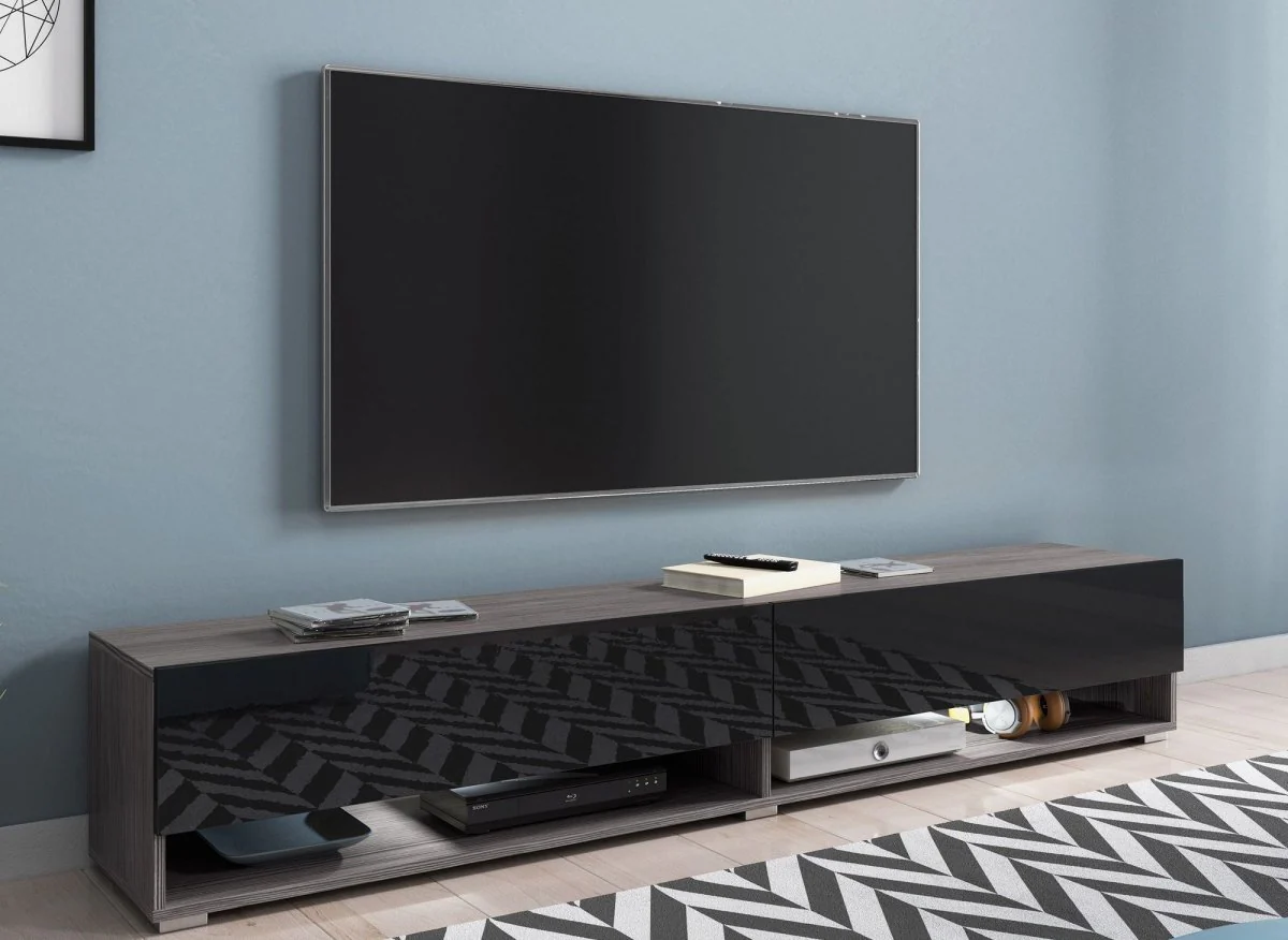 Meuble TV suspendu 2 portes 2 niches gris foncé et noir ROMANE XXL - 180 cm - Image 3