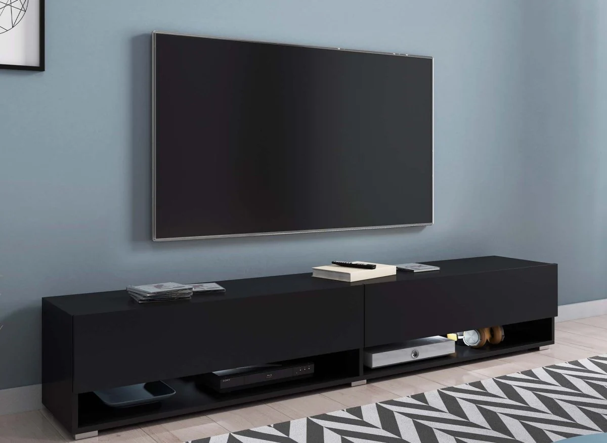 Meuble TV suspendu 2 portes 2 niches noir ROMANE XXL - 180 cm - Image 4
