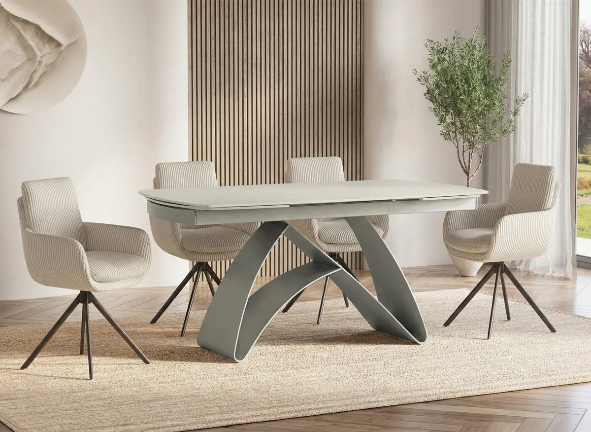 Table à manger extensible en métal beige plateau céramique blanc PARIS - Image 2