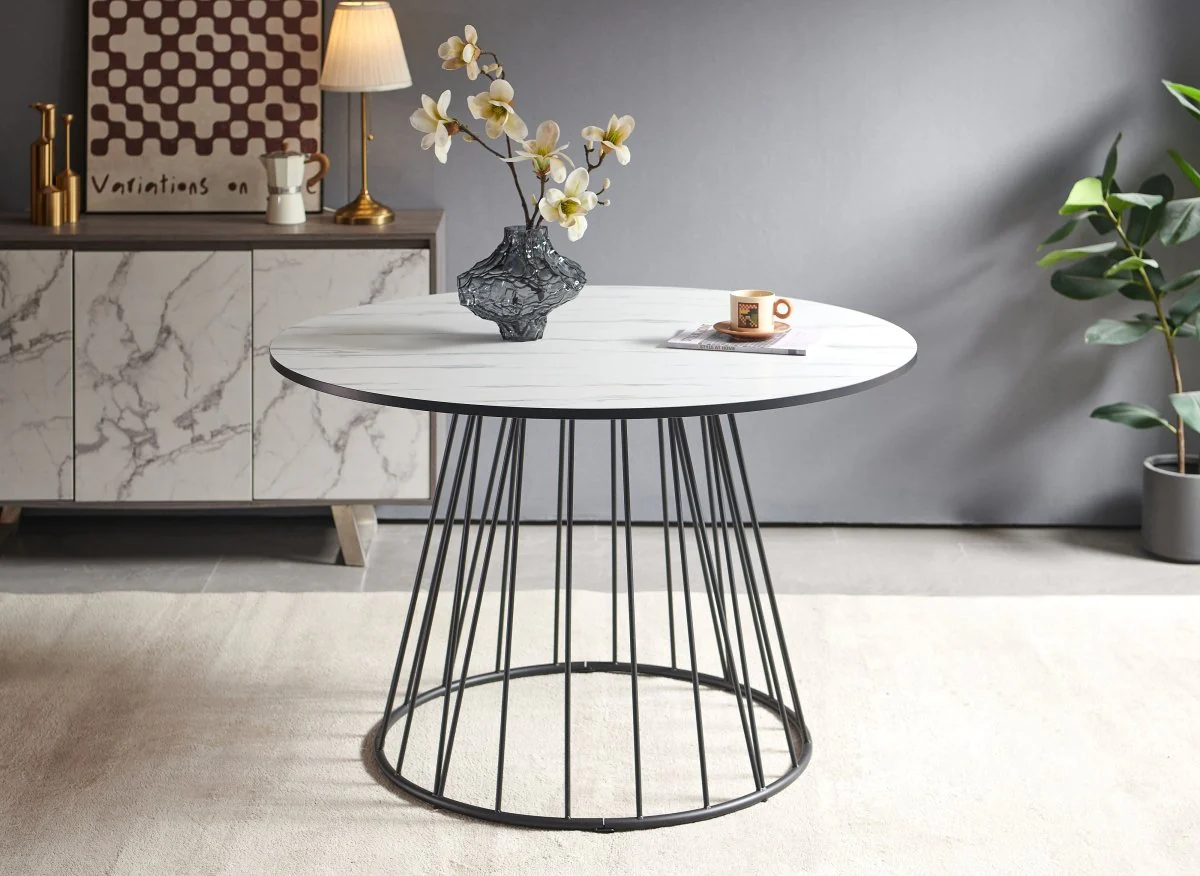 Table à manger ronde effet marbre blanc pied en métal noir STELLA - Image 2
