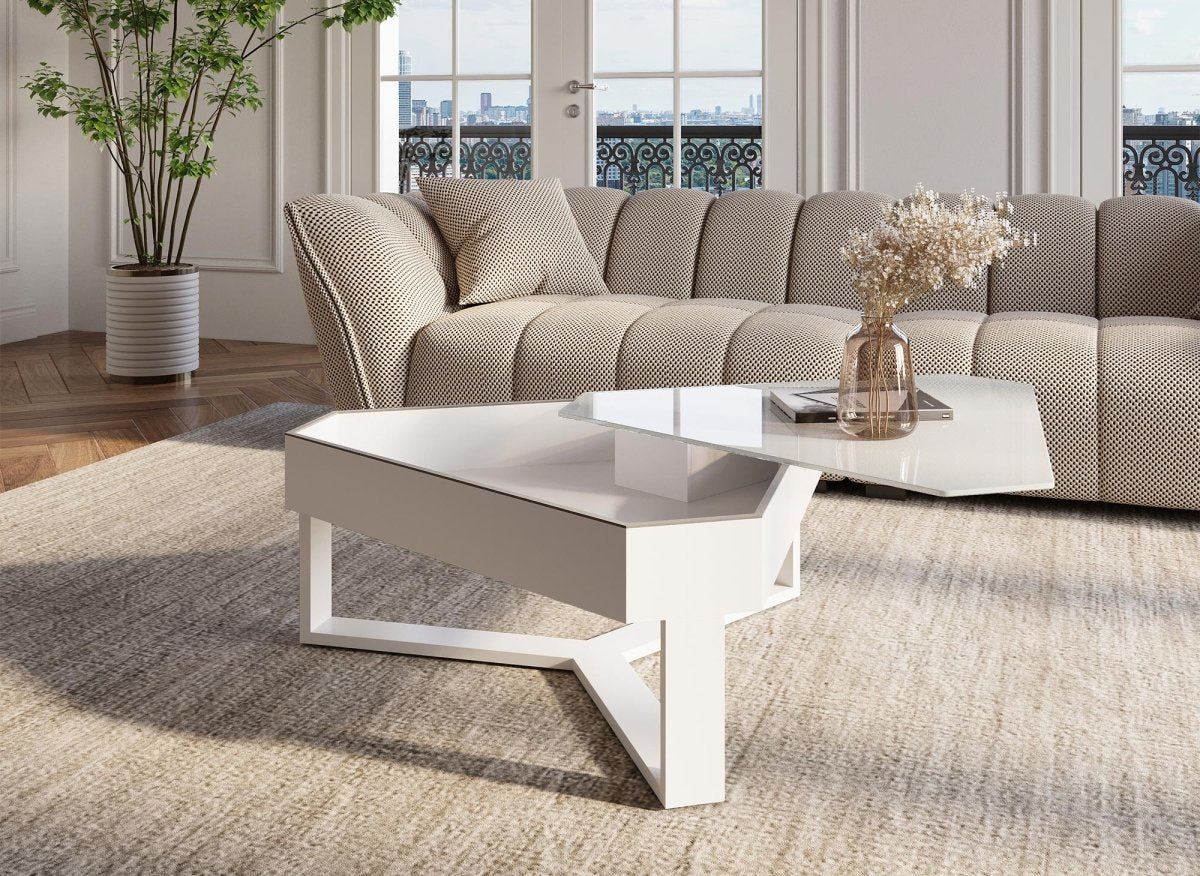 Table basse triangulaire blanche avec plateau pivotant et rangement SOLINE - Image 2