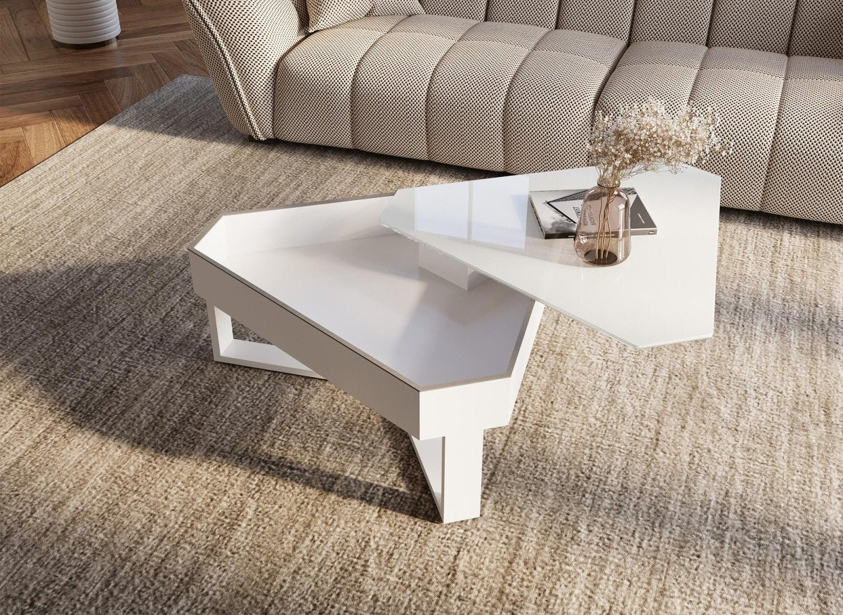 Table basse triangulaire blanche avec plateau pivotant et rangement SOLINE - Image 3