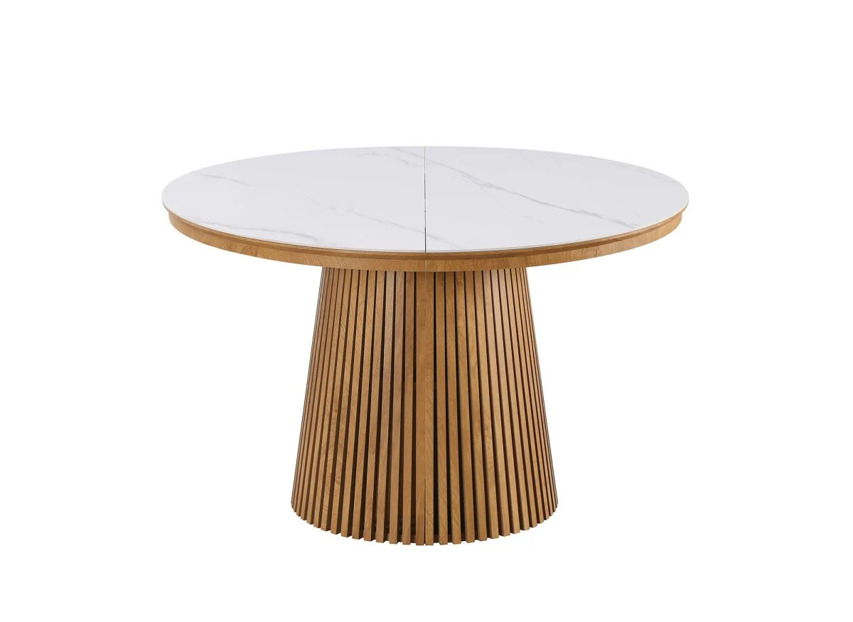 Table à manger ronde extensible en bois clair avec plateau en céramique blanc HEKA - Image 3